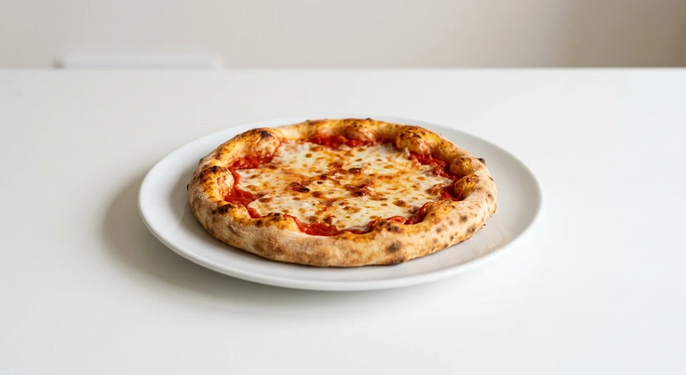 Pizza Express Piccolo Margherita Pizza with Light Mozzarella, small children's pizza with tomato and light mozzarella on a white plate, nutrition and calories