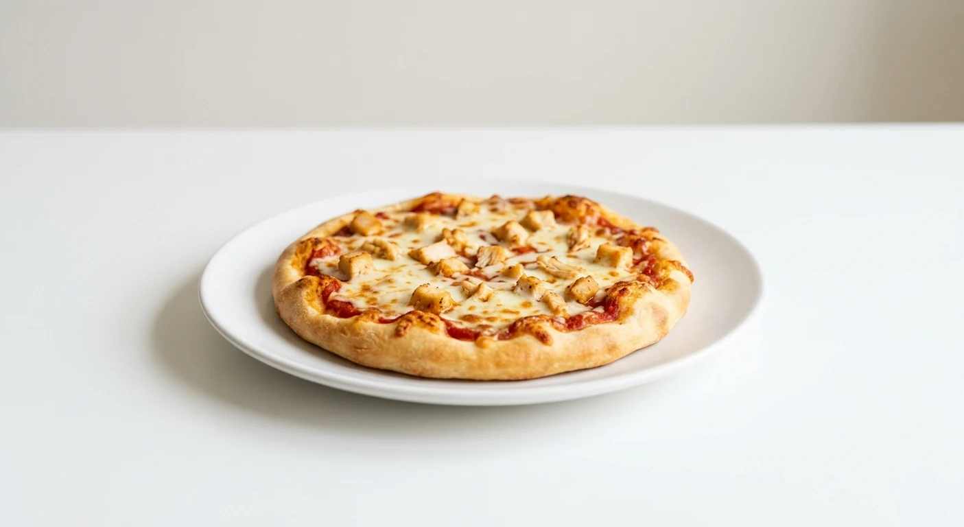 Pizza Express Piccolo Pollo Pizza, small children's pizza with chicken, tomato and mozzarella on a white plate, nutrition and calories