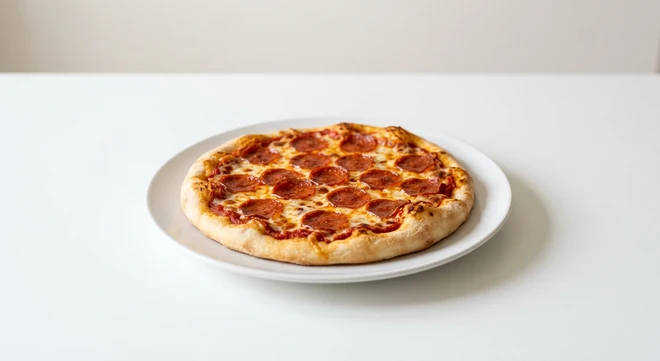 Pizza Express Piccolo American Pizza, small children's pizza with pepperoni, tomato and mozzarella on a white plate, nutrition and calories