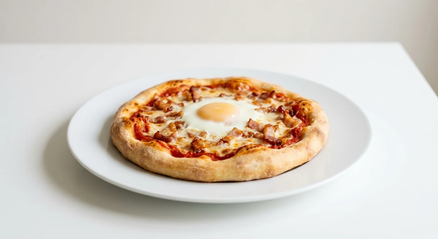 Pizza Express Piccolo Italian Bacon & Egg Pizza, small children's pizza with crispy pancetta, a baked egg, tomato and mozzarella on a white plate, nutrition and calories