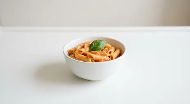 Pizza Express Piccolo Napoletana Pasta, children's portion of penne in a creamy tomato and béchamel sauce with basil in a white bowl, nutrition and calories