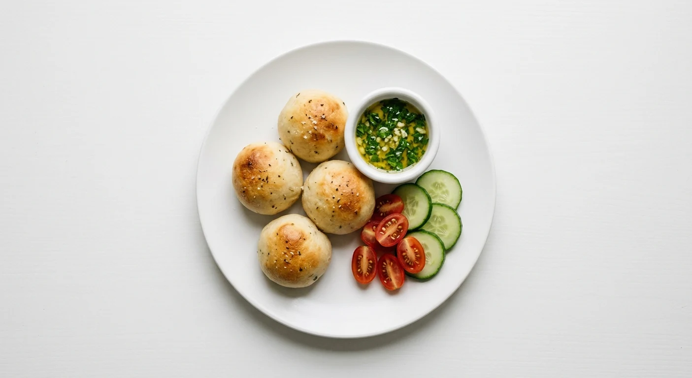 Pizza Express Piccolo Dough Balls with Garlic Butter, four dough balls with garlic butter, cucumber and baby plum tomatoes on a small white plate, nutrition and calories
