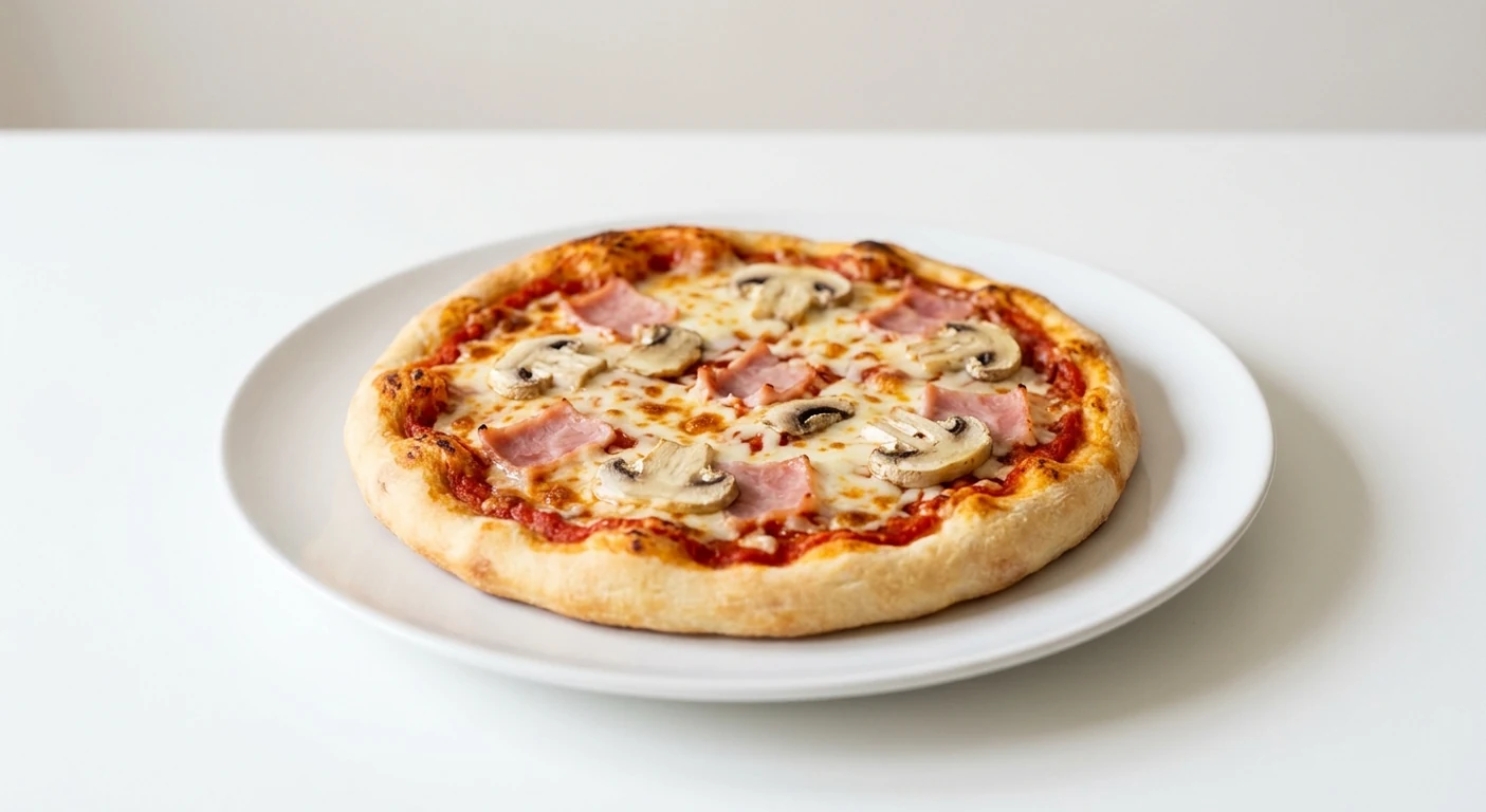 Pizza Express Piccolo Ham & Mushroom Pizza, small children's pizza with ham, mushrooms, tomato and mozzarella on a white plate, nutrition and calories