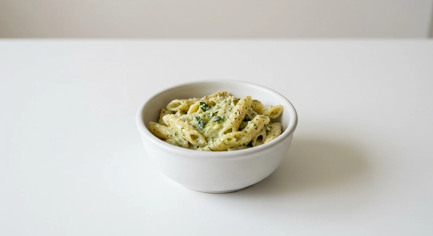 Pizza Express Piccolo Creamy Pesto Pasta, children's portion of penne in a creamy béchamel and basil pesto sauce in a white bowl, nutrition and calories