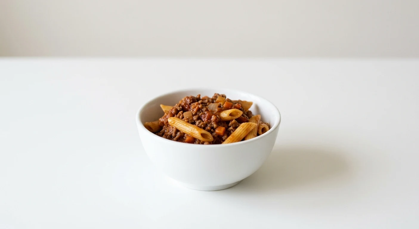 Pizza Express Piccolo Bolognese Pasta, children's portion of penne in a beef and tomato bolognese sauce in a white bowl, nutrition and calories