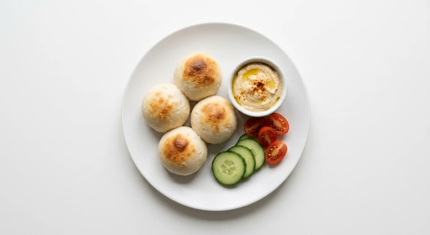 Pizza Express Piccolo Dough Balls with Houmous, four dough balls with houmous, cucumber and baby plum tomatoes on a small white plate, nutrition and calories