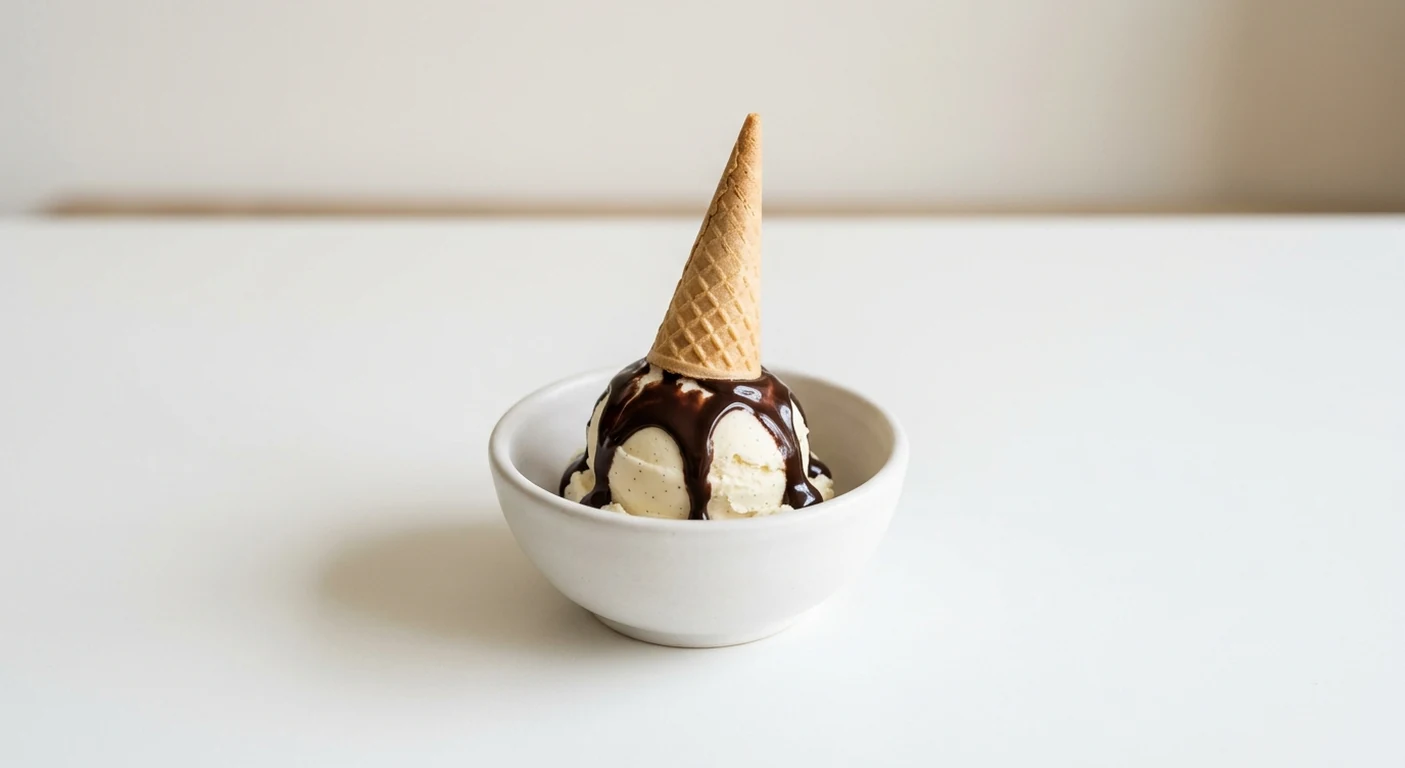 Pizza Express Piccolo Sundae with Chocolate Sauce, scoop of vanilla gelato with chocolate sauce and a baby cone in a small white bowl, nutrition and calories