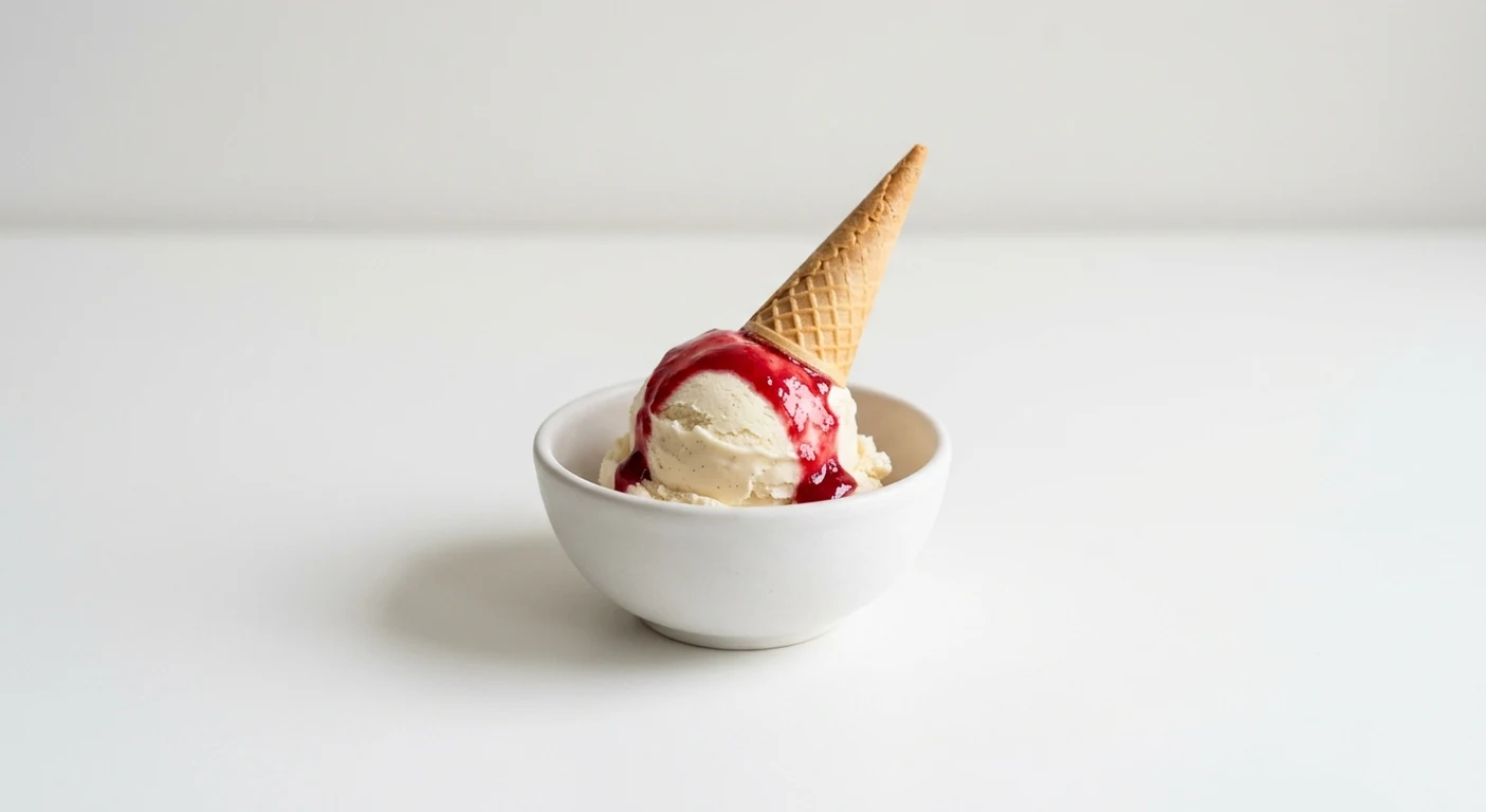 Pizza Express Piccolo Sundae with Fruit Sauce, scoop of vanilla gelato with fruit sauce and a baby cone in a small white bowl, nutrition and calories