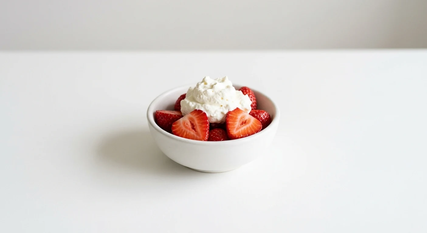 Pizza Express Piccolo Strawberries & Cream, halved fresh strawberries with a spoonful of cream in a small white bowl, nutrition and calories