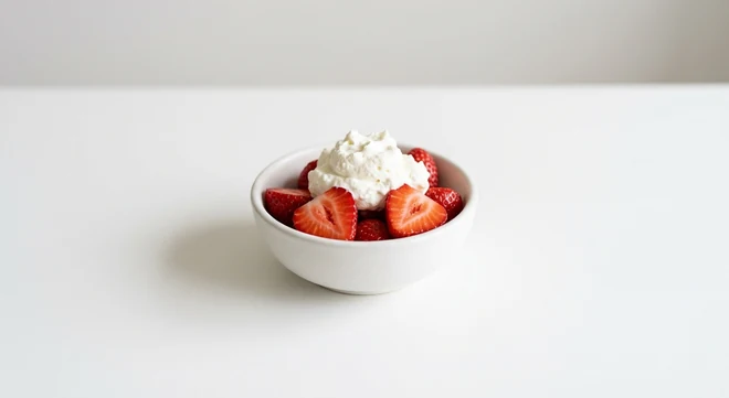 Pizza Express Piccolo Strawberries & Cream, halved fresh strawberries with a spoonful of cream in a small white bowl, nutrition and calories