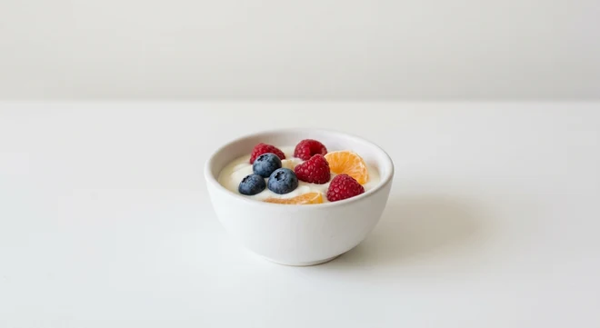 Pizza Express Piccolo Fresh Fruit & Yoghurt Bowl, children's portion of natural yoghurt with berries and orange in a small white bowl, nutrition and calories