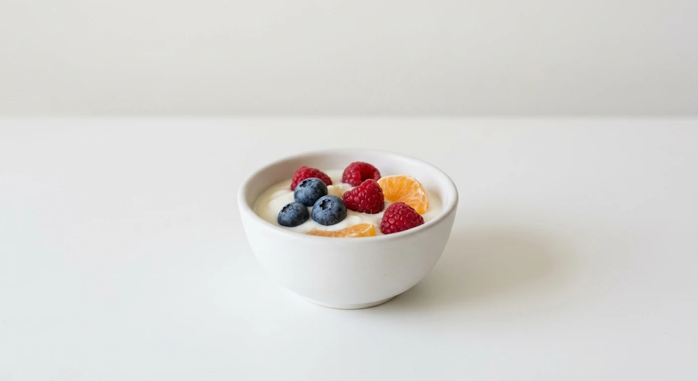 Pizza Express Piccolo Fresh Fruit & Yoghurt Bowl, children's portion of natural yoghurt with berries and orange in a small white bowl, nutrition and calories