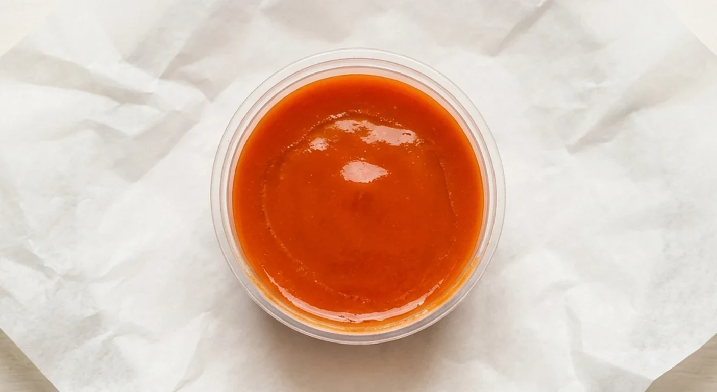 Greggs Buffalo Sauce, orange buffalo sauce in a clear dip pot, nutrition and calories