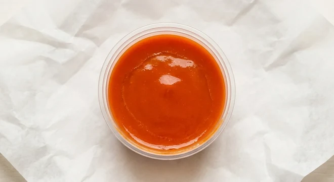 Greggs Buffalo Sauce, orange buffalo sauce in a clear dip pot, nutrition and calories