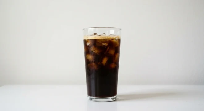 Greggs Iced Americano, black iced coffee over ice in a clear glass, nutrition and calories