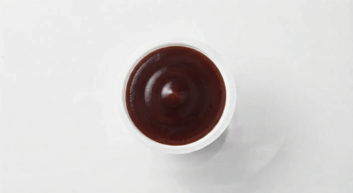 Greggs Smoky BBQ Dip, dark smoky barbecue sauce in a small pot, nutrition and calories