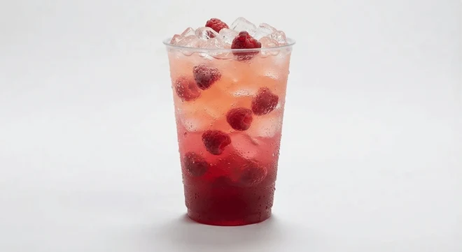 Greggs Sparkling Raspberry Lemonade, pink raspberry lemonade over ice in a clear cup, nutrition and calories
