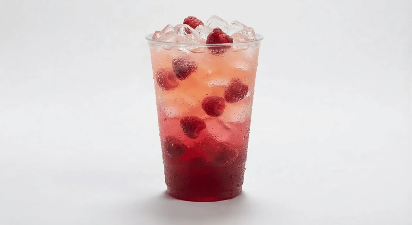 Greggs Sparkling Raspberry Lemonade, pink raspberry lemonade over ice in a clear cup, nutrition and calories