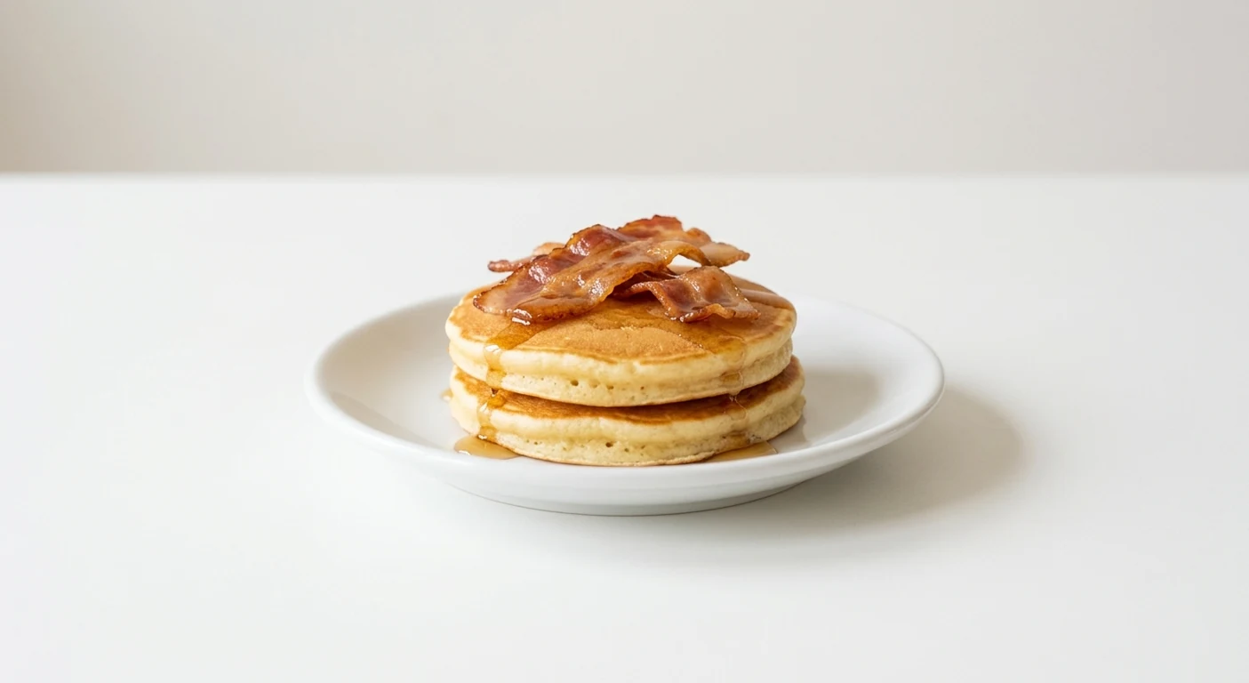 Pizza Express Piccolo Pancetta & Maple Syrup Pancakes, two small pancakes with crispy pancetta and maple syrup on a white plate, nutrition and calories