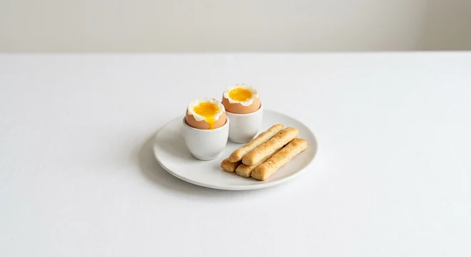 Pizza Express Piccolo Eggs and Soldiers, two soft-boiled eggs in egg cups with dough stick soldiers on a white plate, nutrition and calories