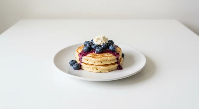 Pizza Express Piccolo Blueberry & Mascarpone Pancakes, two small pancakes with blueberries, fruit coulis and mascarpone on a white plate, nutrition and calories