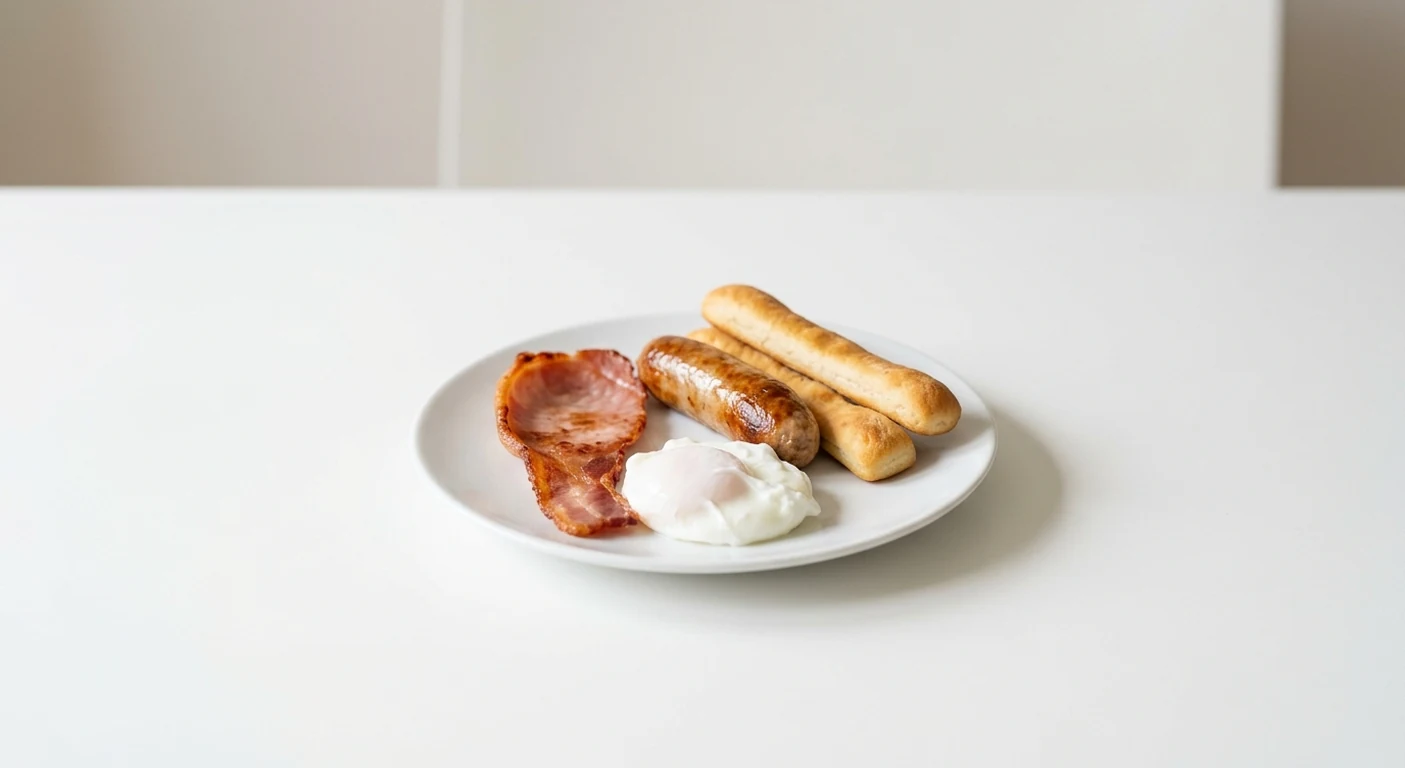 Pizza Express Piccolo Works Breakfast, bacon, pork sausage, poached egg and dough sticks on a small white plate, nutrition and calories