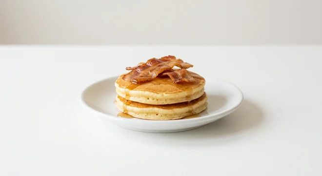 Pizza Express Piccolo Pancetta & Maple Syrup Pancakes, two small pancakes with crispy pancetta and maple syrup on a white plate, nutrition and calories