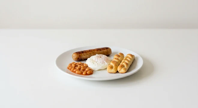 Pizza Express Piccolo Veggie Breakfast, vegetarian sausage, poached egg, baked beans and dough sticks on a small white plate, nutrition and calories