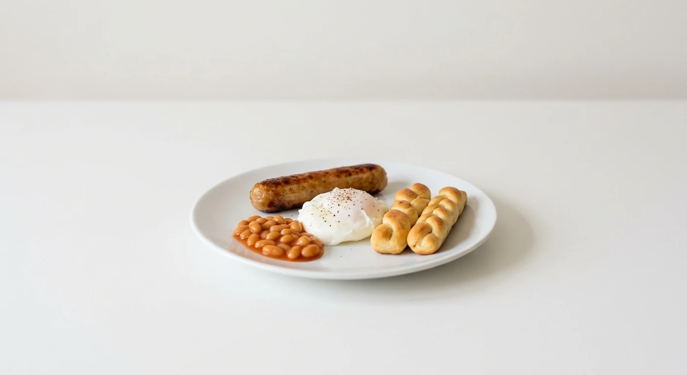 Pizza Express Piccolo Veggie Breakfast, vegetarian sausage, poached egg, baked beans and dough sticks on a small white plate, nutrition and calories