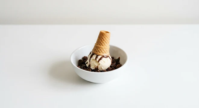 Pizza Express Mossy Bottom Meltdown, scoop of vanilla gelato on chocolate crumb with chocolate sauce and a baby cone in a small white bowl, nutrition and calories