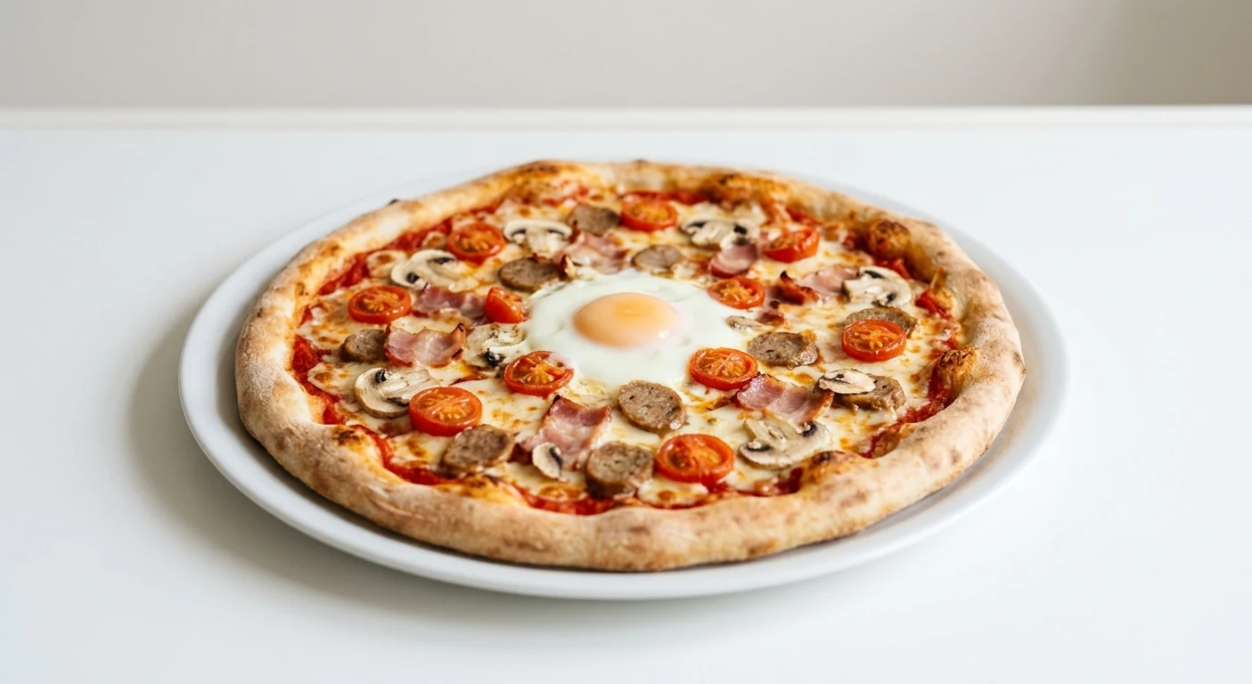 Pizza Express The Works Breakfast Pizza, round pizza with bacon, sausage, mushrooms, tomatoes and a baked egg on a white plate, nutrition and calories
