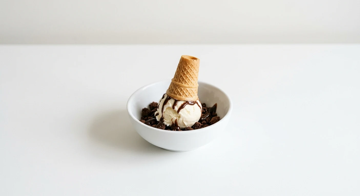 Pizza Express Mossy Bottom Meltdown, scoop of vanilla gelato on chocolate crumb with chocolate sauce and a baby cone in a small white bowl, nutrition and calories