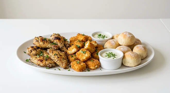 Pizza Express Sharing Trio, lemon and herb chicken wings, halloumi bites and dough balls with dips on a white platter, nutrition and calories