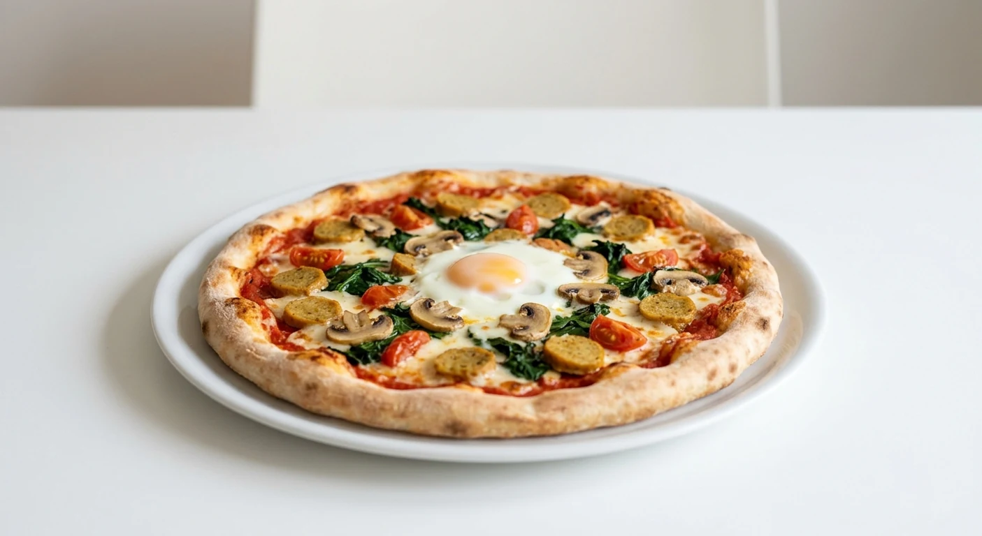 Pizza Express Veggie Works Breakfast Pizza, round pizza with vegetarian sausage, mushrooms, spinach, tomatoes and a baked egg on a white plate, nutrition and calories
