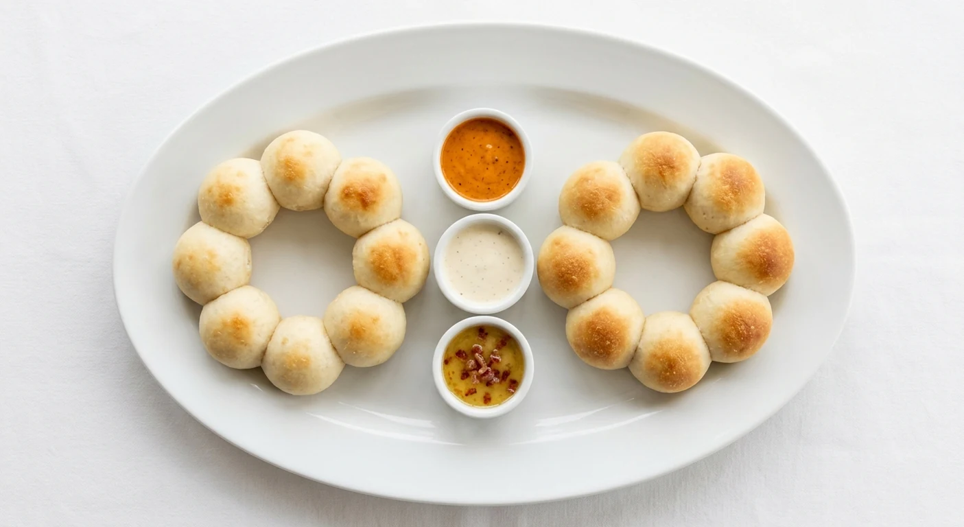 Pizza Express Hat-Trick Dough Ball Sharer, sixteen dough balls with chipotle, buffalo ranch and maple bacon garlic butters on a white platter, nutrition and calories