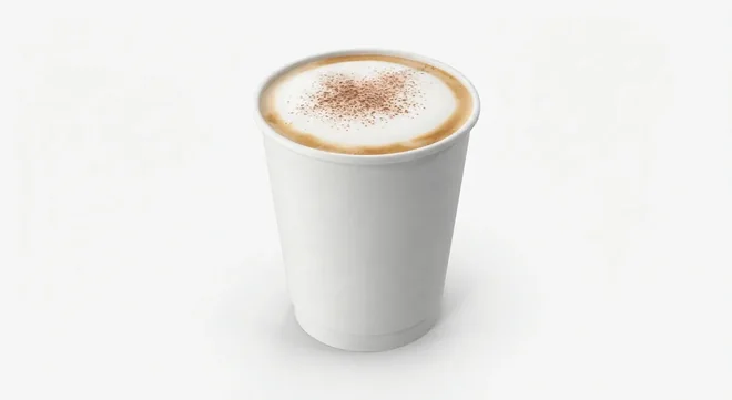 Greggs Large Cappuccino, cappuccino dusted with chocolate in a plain white paper cup, nutrition and calories