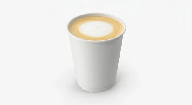 Greggs Large Latte, latte with milk foam in a plain white paper cup, nutrition and calories