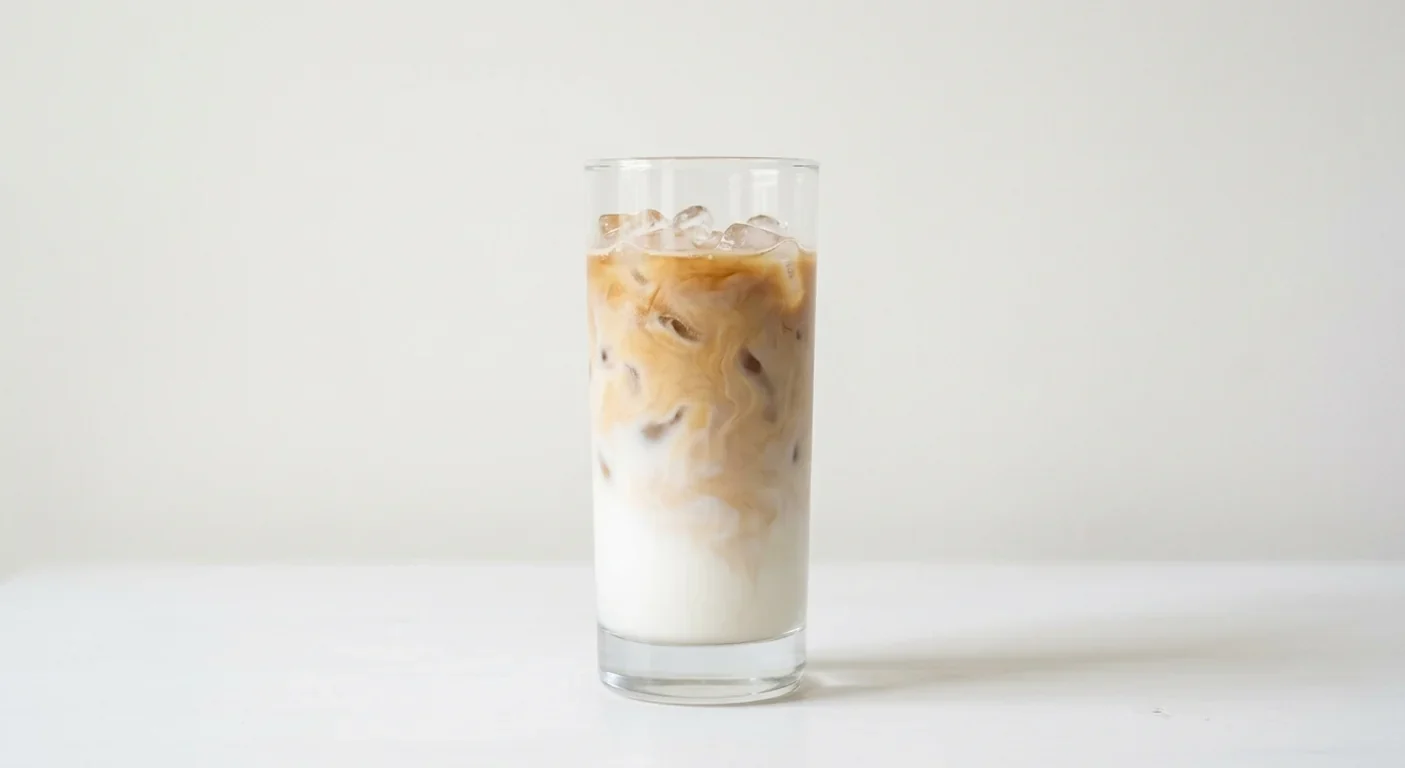 Greggs Iced Latte, iced latte with espresso and milk over ice in a clear glass, nutrition and calories