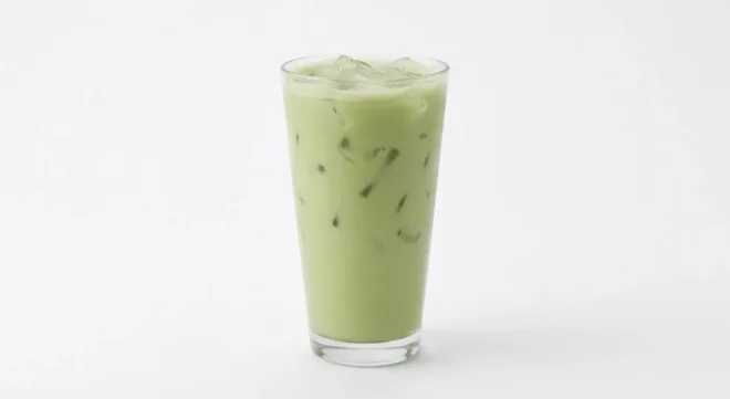 Greggs Vanilla Iced Matcha Latte, vanilla iced matcha latte over ice in a clear glass, nutrition and calories