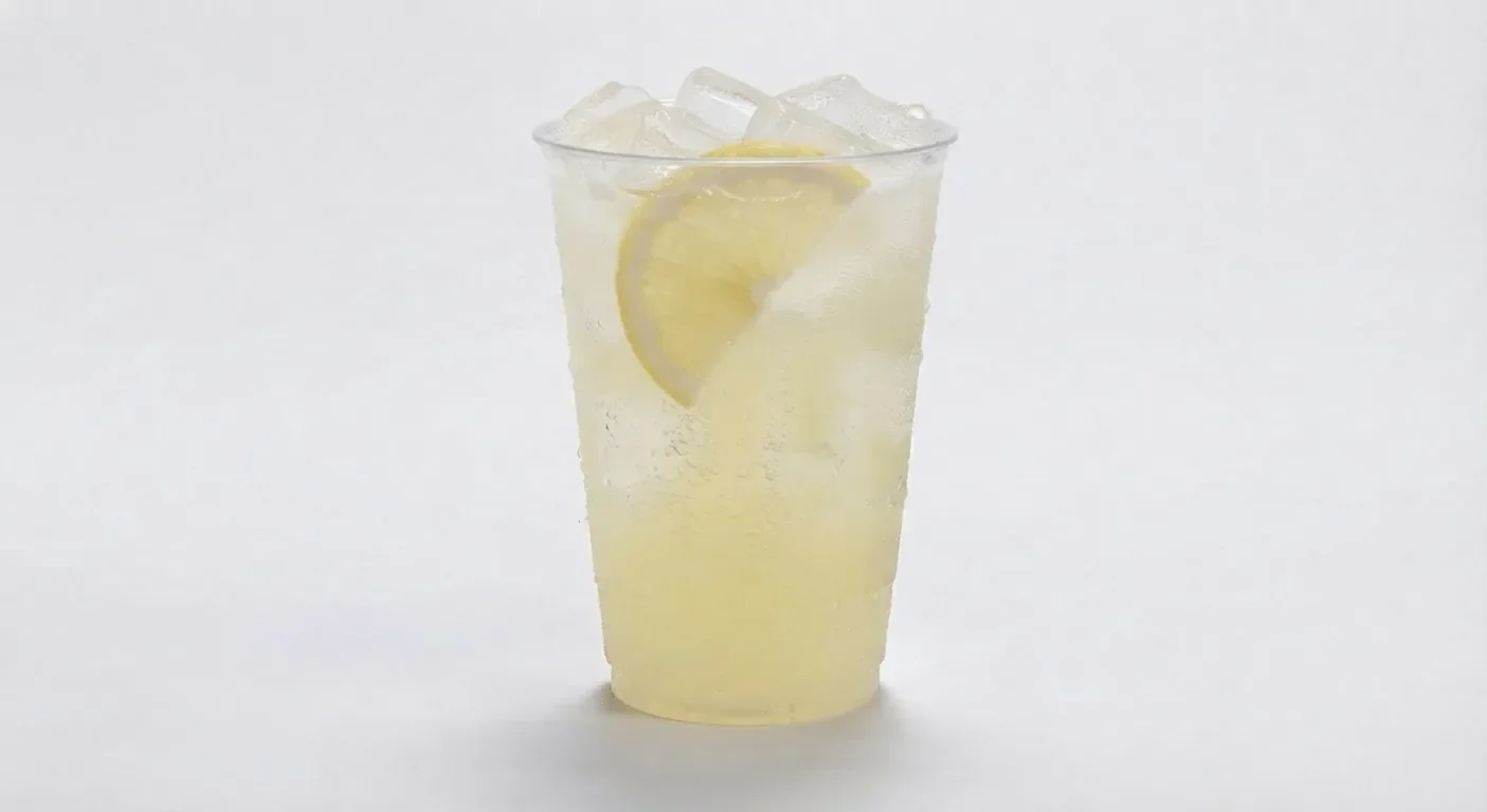 Greggs Cloudy Lemonade, cloudy lemonade over ice with a lemon slice in a clear cup, nutrition and calories
