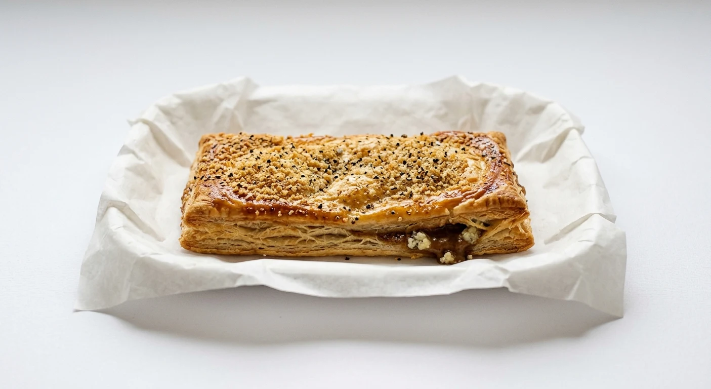 Greggs Steak & Stilton Bake, puff pastry bake with a black pepper crumb top on white paper, nutrition and calories