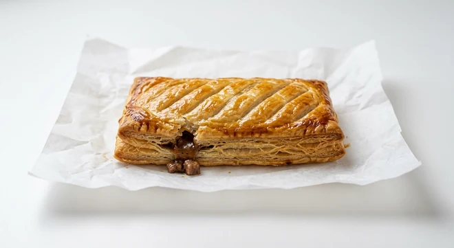 Greggs Steak Bake, golden puff pastry bake with diagonal scoring and beef gravy on white paper, nutrition and calories