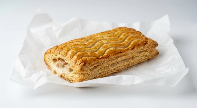 Greggs Chicken Bake, golden puff pastry bake with wavy scoring and creamy chicken filling on white paper, nutrition and calories