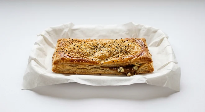 Greggs Steak & Stilton Bake, puff pastry bake with a black pepper crumb top on white paper, nutrition and calories