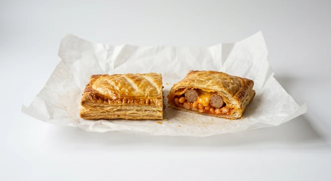 Greggs Sausage, Bean & Cheese Melt, puff pastry bake cut open to show beans and sausage on white paper, nutrition and calories