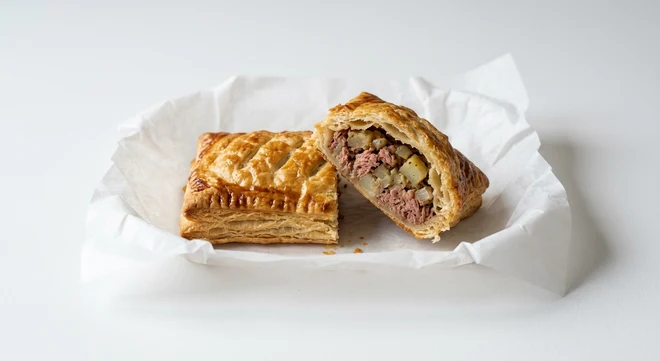 Greggs Corned Beef Bake, puff pastry bake cut open to show corned beef and potato on white paper, nutrition and calories