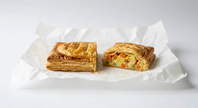 Greggs Vegetable Bake, puff pastry bake cut open to show vegetables in cheese sauce on white paper, nutrition and calories