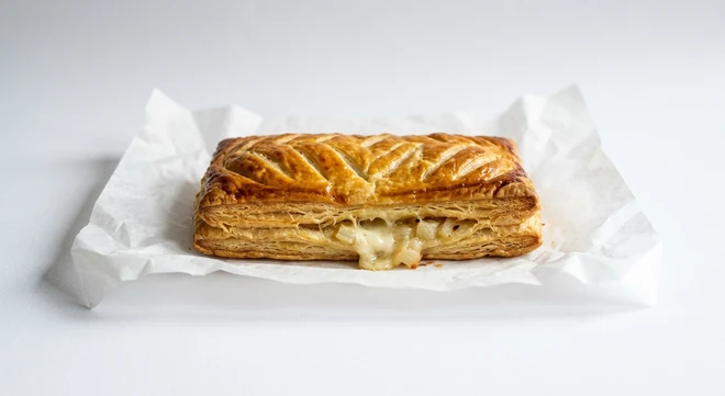 Greggs Cheese & Onion Bake, golden puff pastry bake with chevron scoring and melted cheese on white paper, nutrition and calories
