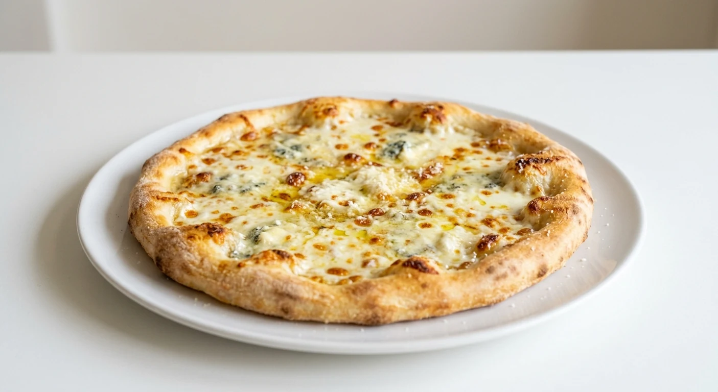 Pizza Express Bianca Formaggi, white-based round pizza with mozzarella, gorgonzola and soft Italian cheeses on a white plate, nutrition and calories