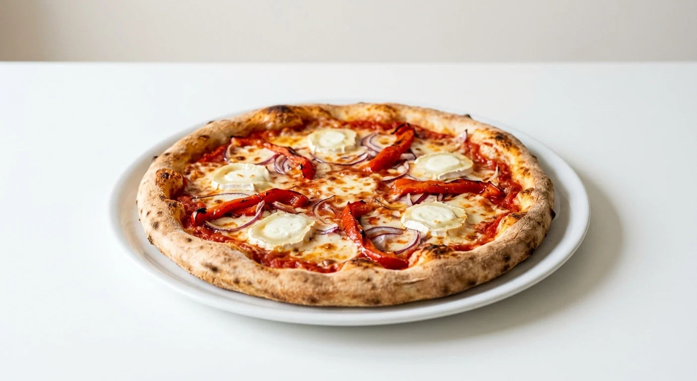 Pizza Express Caprina, round pizza with goat's cheese, red onion and roasted red peppers on a white plate, nutrition and calories